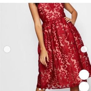 Boohoo red lace overlay dress with low-back